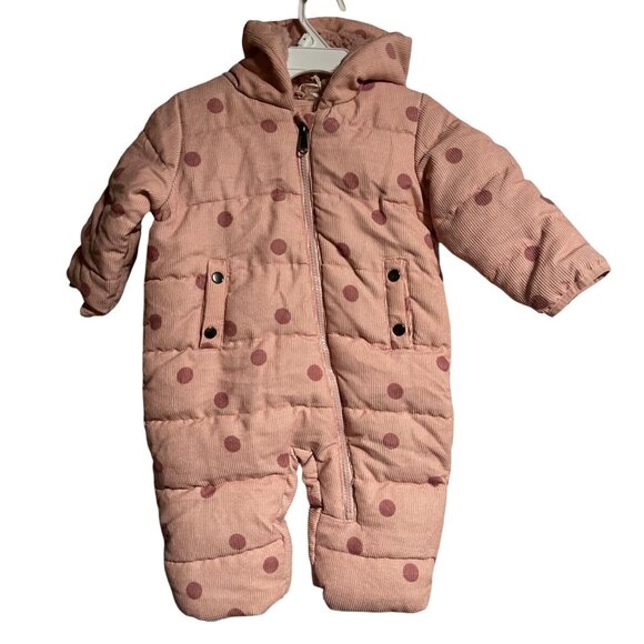 Jessica Simpson Infant Girls Pink Polka Dot Hooded Snowsuit Size 12M Warm Lined - Picture 1 of 6
